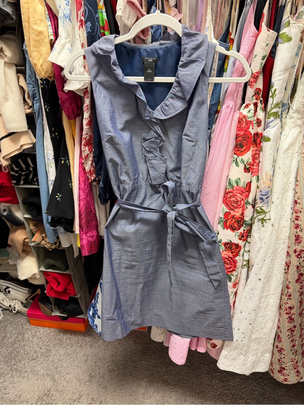 Ann Taylor Ruffle-Front Blue Tie-Waist Dress size 0P